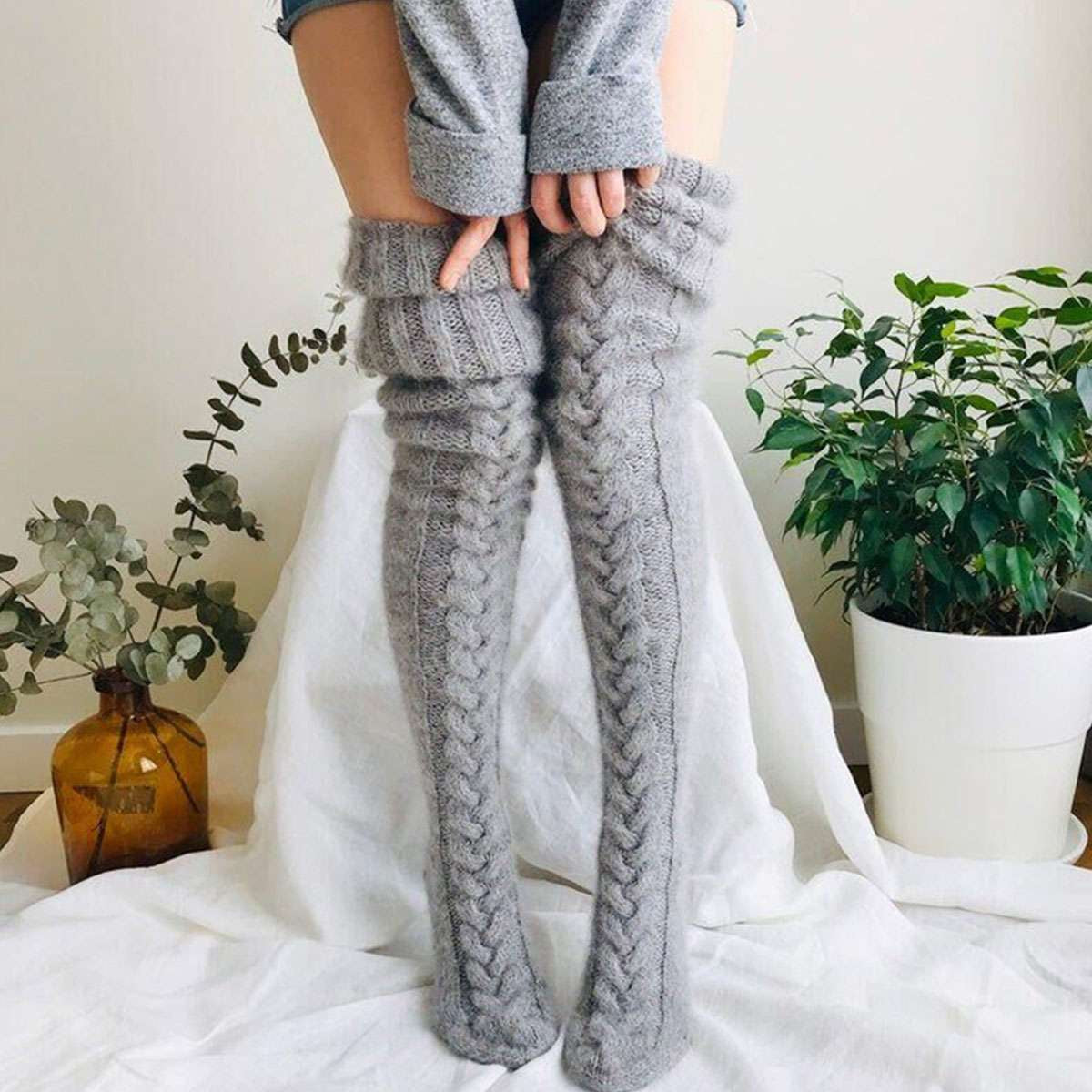 Women Warm Winter Knitted Socks over Knee Long Thigh High Boot Soft Stockings