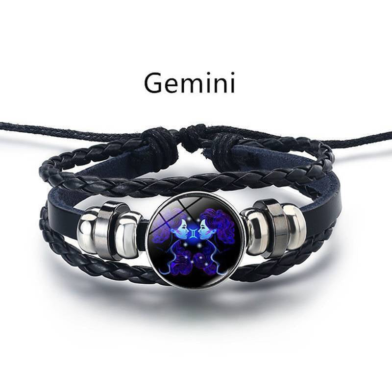 Leather Bracelet Bangle for Men Woman with Signs of the Zodiac Astrology Luminou
