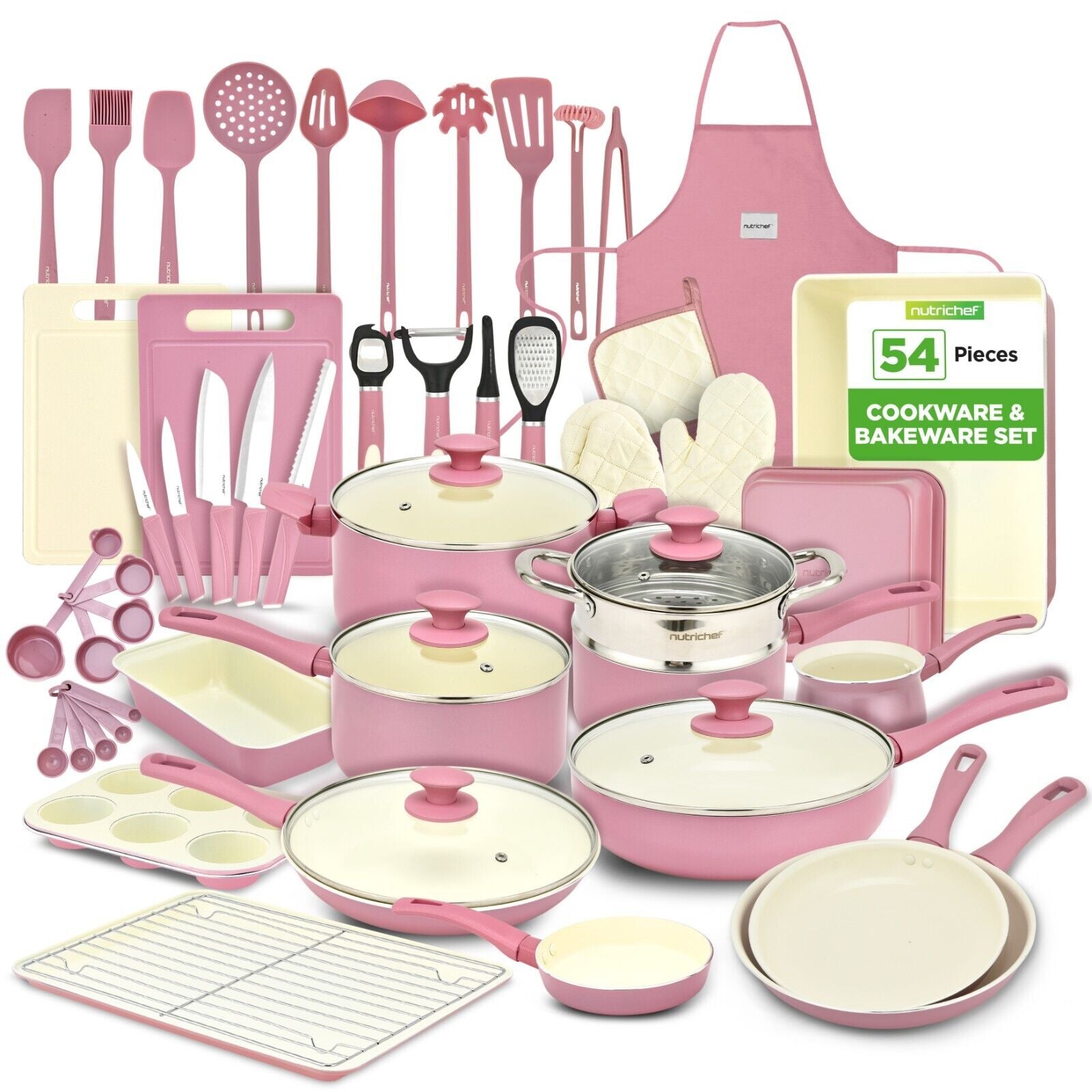 Nutrichef 54-Pcs Home Kitchen Cookware High-Quality Ceramic (Blush Pink)