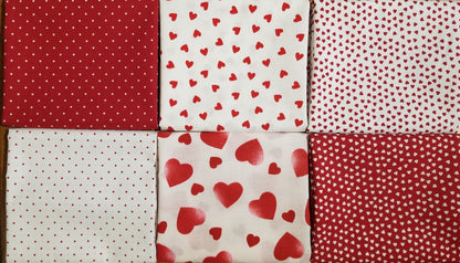 VTG Valentine Heart Fabric FQ Bundle of 6 – Perfect for Valentine's Day Crafts, Quilts, and Sewing Projects, Red & White Heart Patterns & Dots