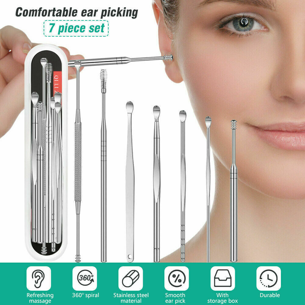 Ear Wax Remover Set 7Pcs Ear Cleaning Kit with Spiral Tool & Spoon | Safe & Reusable Ear Pick Curette for Deep Clean