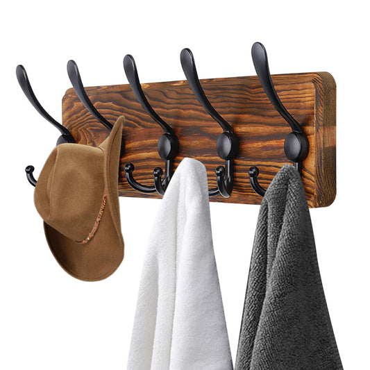 Brown Coat Rack Wall Mount Hat Rack 5 Hooks Pine Wood Plank for Clothes Hats Key