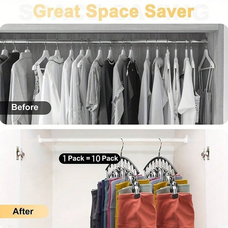 Space Saving Hangers with Clips for Pants, Leggings & Closet Organization, 10 Pcs Large Capacity Pants Organizer for Skirts, Shorts, & Clothes Storage