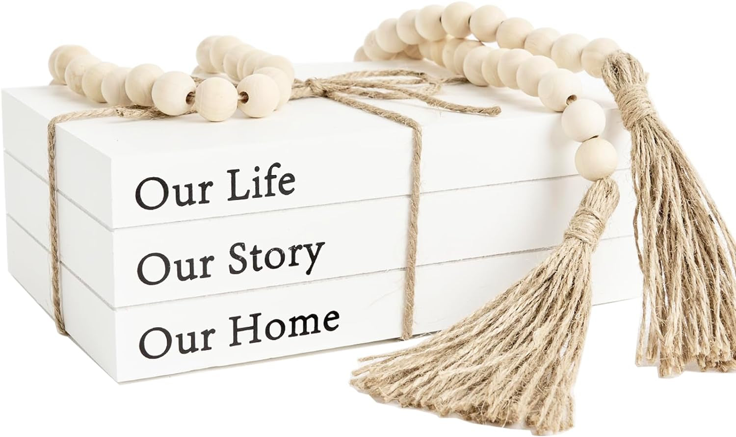 Wood Bead Garland Decorative Books for Home Decor, White Faux Books for Decoration, Rustic