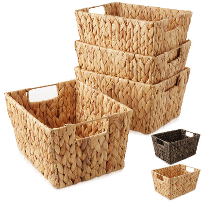 scalloped baskets, Hyacinth Storage Baskets - Set of 4 Handwoven Organizer Bins for Shelves, Pantry, Bathroom Kitchen Plastic Decorative Laundry