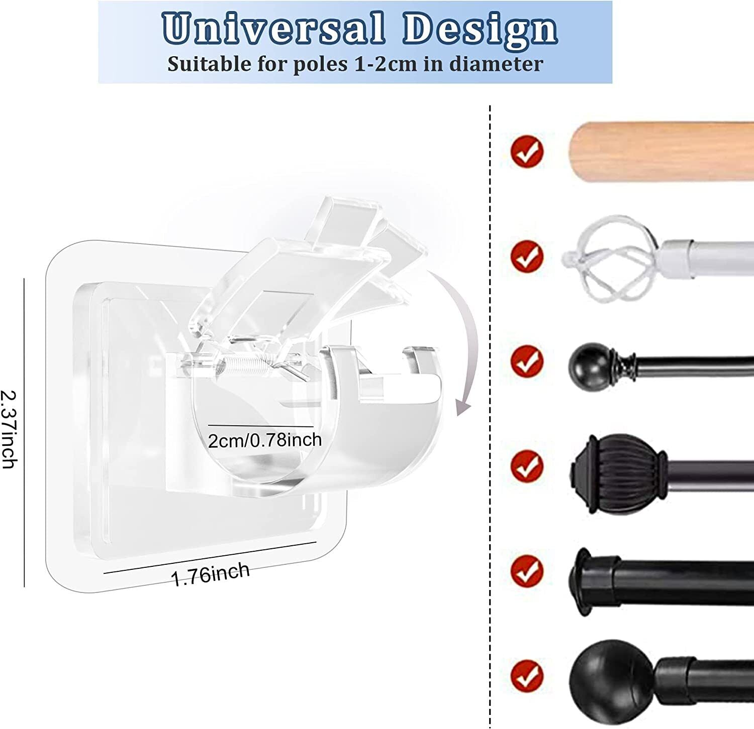 8PCS Nail Free Adjustable Curtain Rod Clip Brackets Self Adhesive Holder Hooks