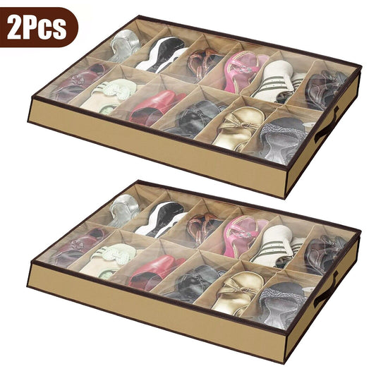 Shoe Organizer Set of 2 – Under Bed Storage Box with Zipper Cover, Holds 24 Pairs | Space-Saving Wardrobe Storage Solution, TikTok Closet Must-Have