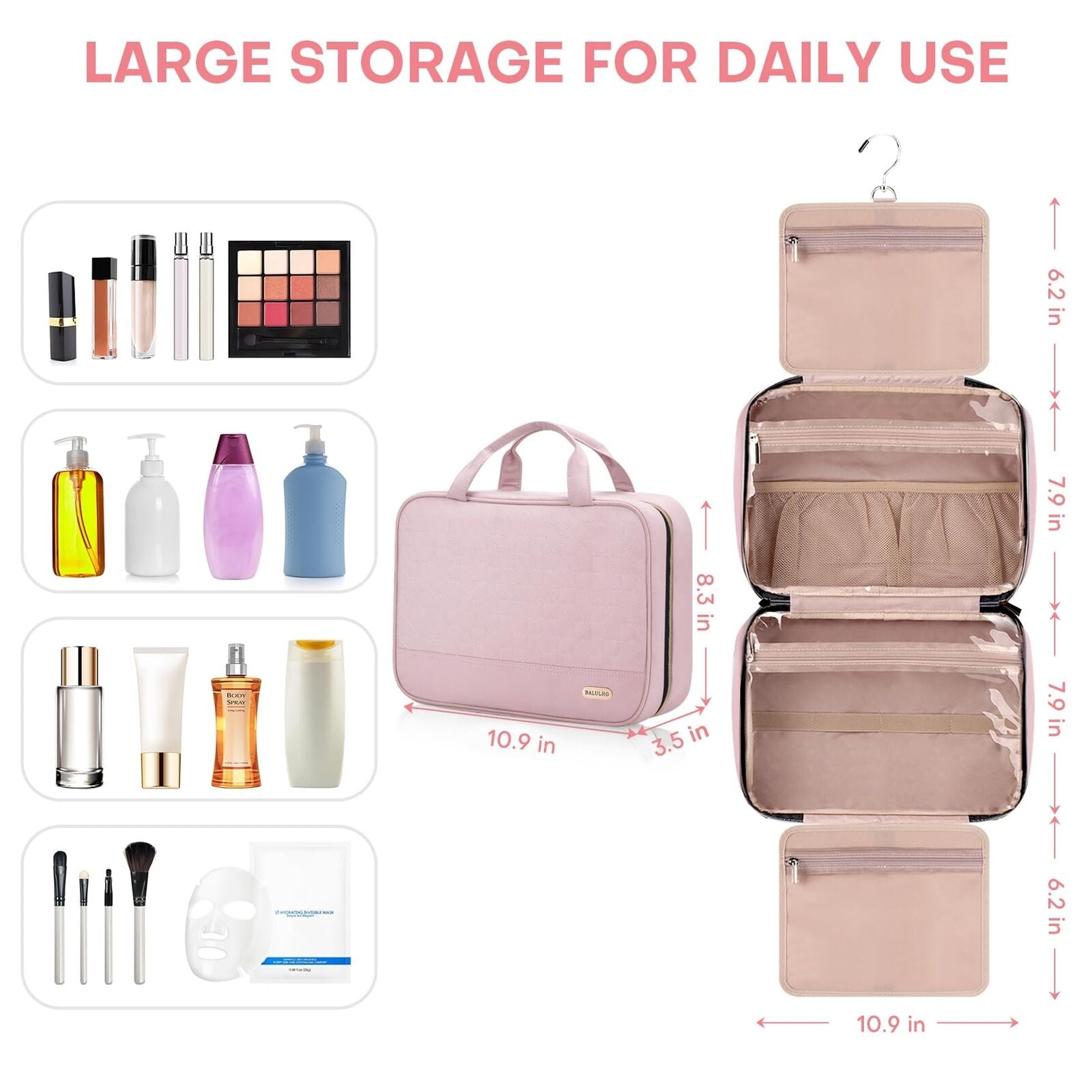 Portable Makeup Bag cosmetic Bag Travel Toiletry Bag for Women with Hanging Hook Traveling Essentials Organizer