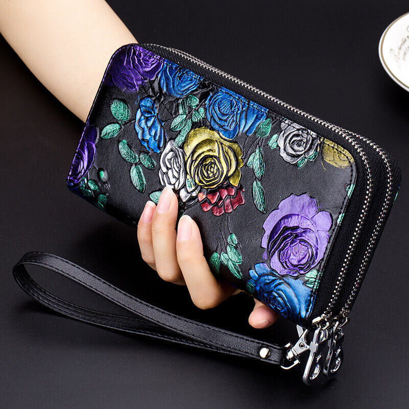 Womens Wallet Large Capacity Double Zip Card Phone Holder RFID Blocking Wristlet