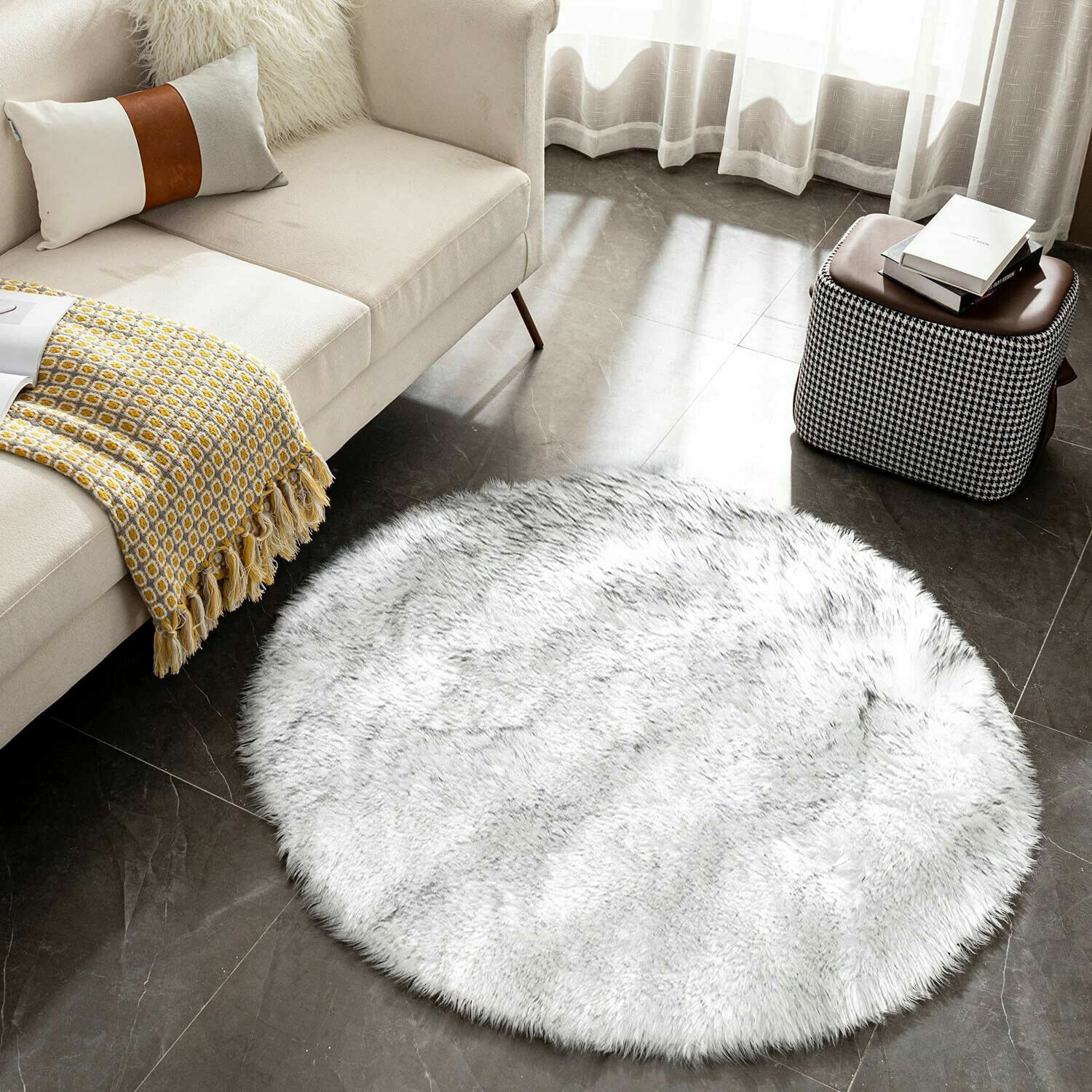 Faux Fur Sheepskin Fluffy Area Rugs round Shaggy Carpet for Bedroom Living Room