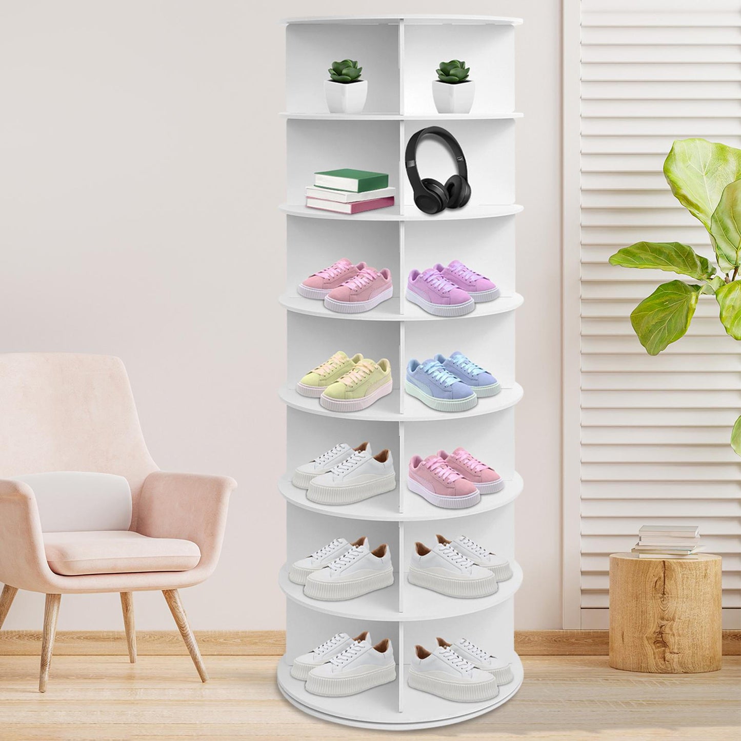 7-Tier Rotating Shoe Rack Tower 360° Spinning Shoe Display Carousel White
