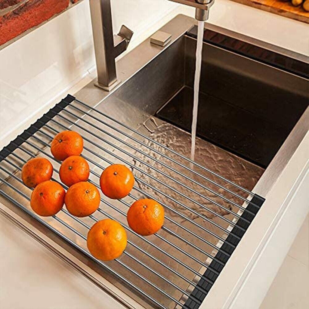 Large Kitchen Over Sink Drying Rack | Stainless Steel Roll-Up Dish Drainer & Cutting Board | Multi-Functional Space-Saving Food Prep Solution