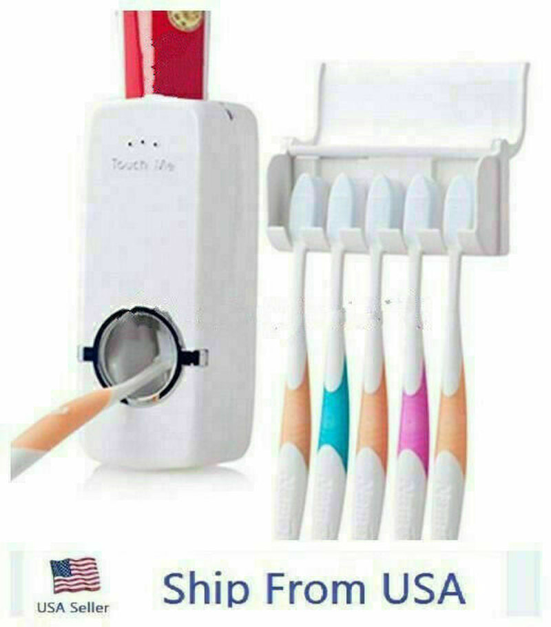 Toothpaste Dispenser + 5 Toothbrush Holder Set Wall Mount Stand US Fast Shipping