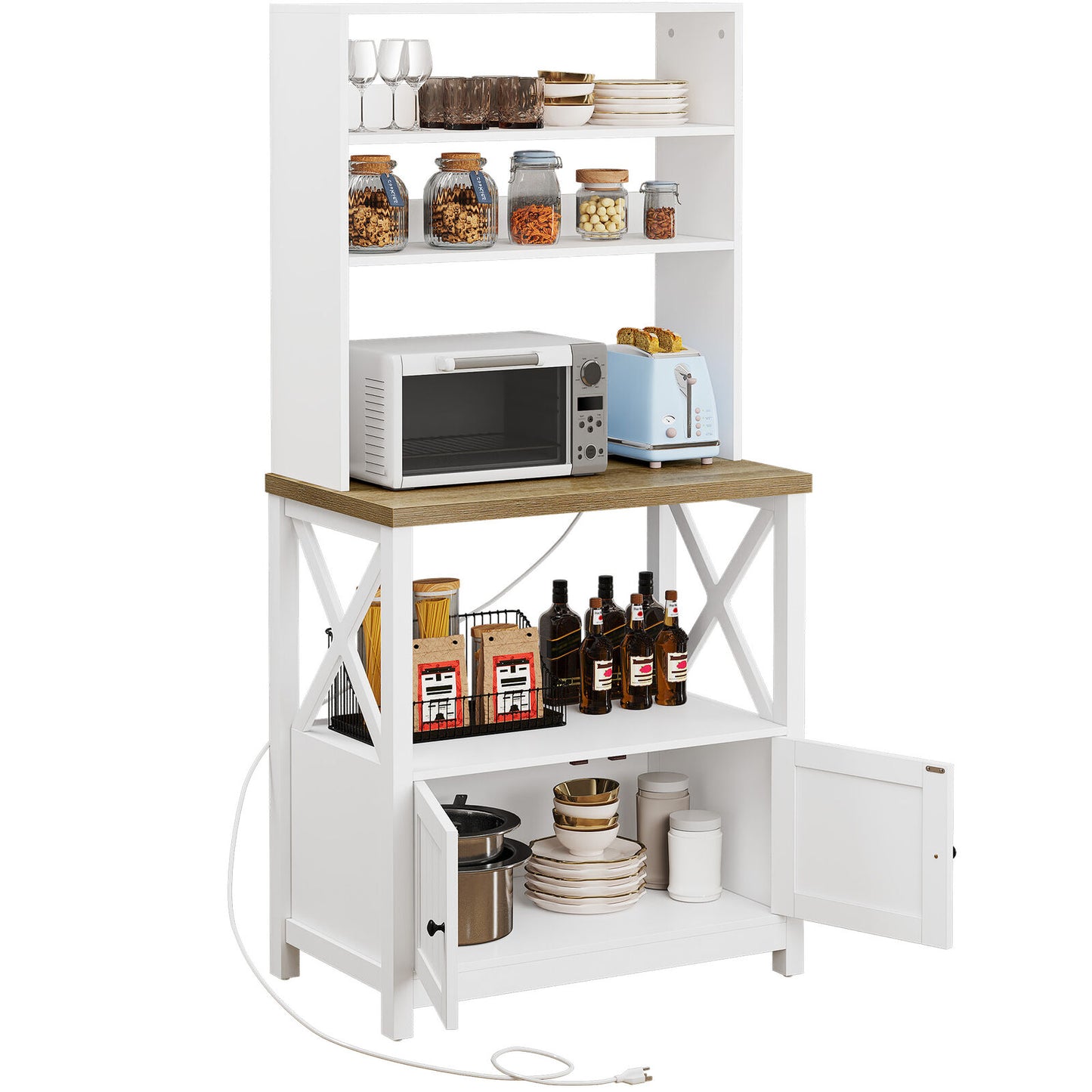 Kitchen Bakers Rack with Power Outlets & USB, 5-Tier Storage Shelves, Coffee Bar Cabinet, Microwave Stand, Utility Organizer for Kitchen & Dining Room