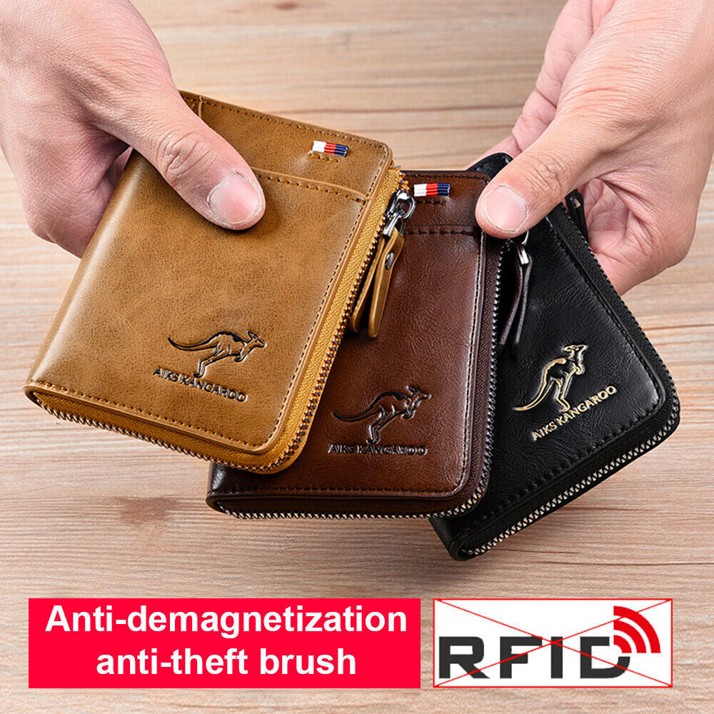 Mens RFID Blocking Leather Wallet | Credit Card Holder with ID Window Zipper | Waterproof Bifold Design | 14 Card Slots Cash Pocket | Stylish Durable