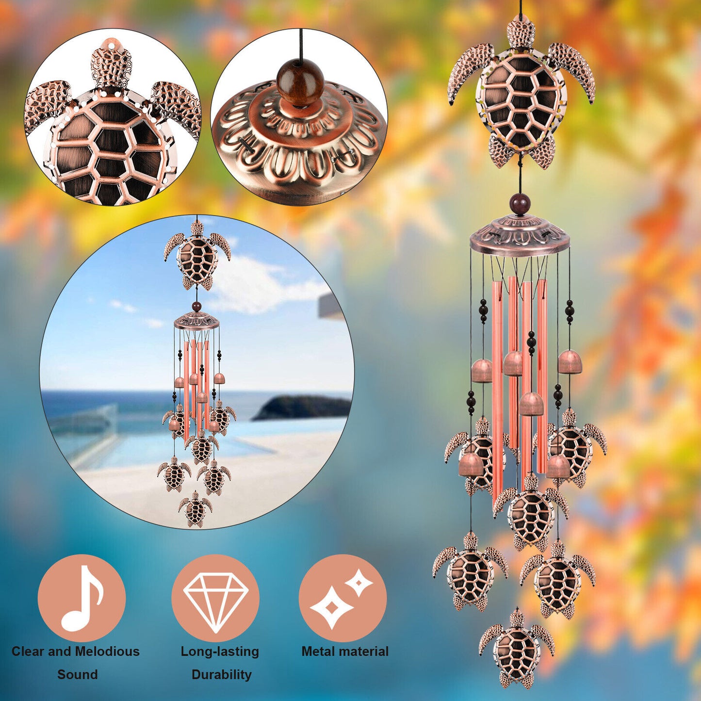 33'' Sea Turtle Wind Chimes Garden Outdoor 4 Tubes Bells Yard Home Hanging Decor