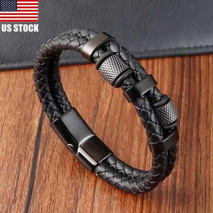 Stainless Steel Genuine Leather Men Strength Fashion Bangle Wrap Bracelet Gifts