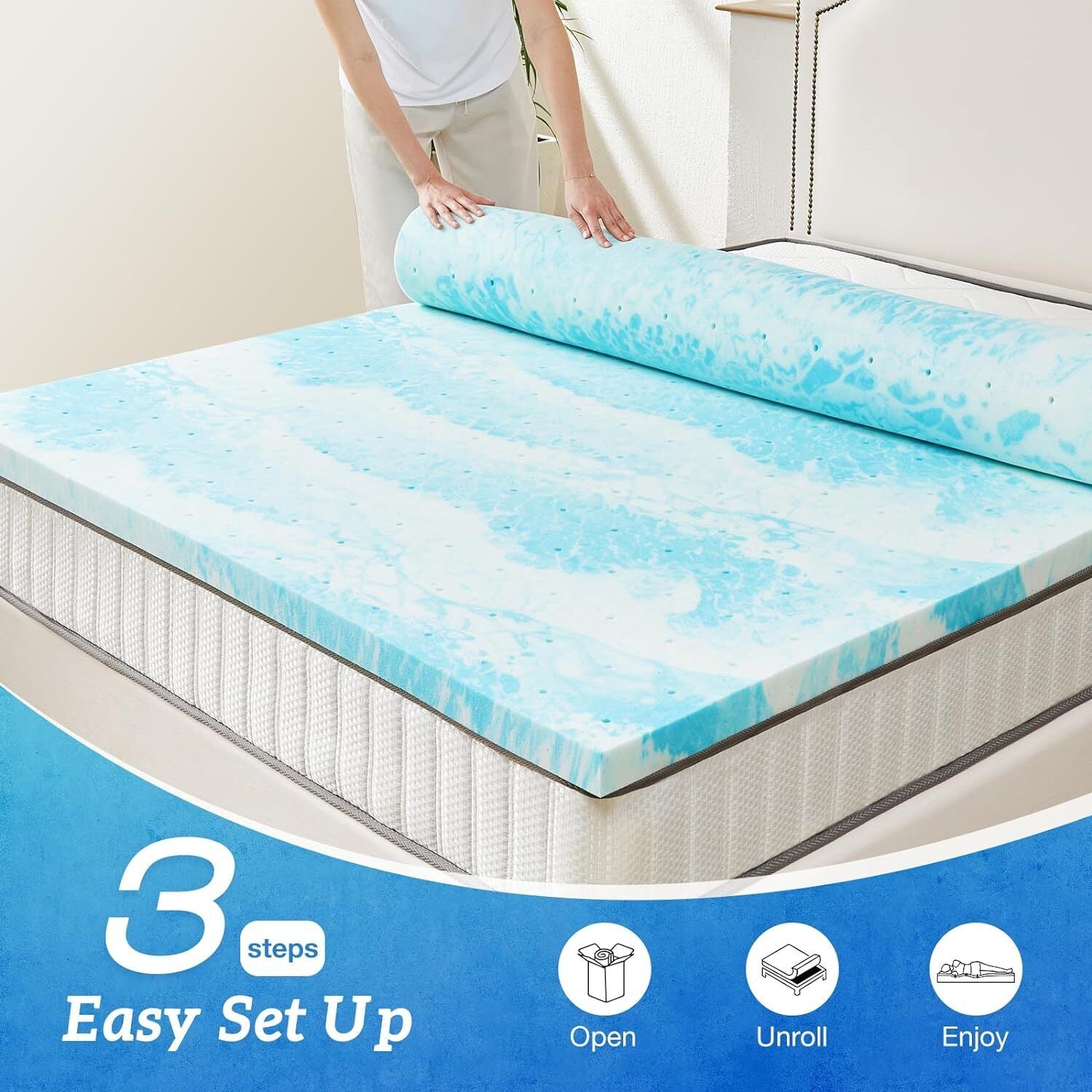 mattress toppers, Memory Foam Bed Topper - Cooling Gel, Pressure Relief, High-Density Support, Breathable & Comfortable Mattress Pad for Deeper Sleep