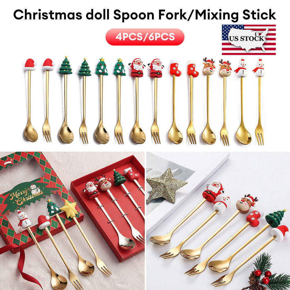 Christmas Themed Cutlery Set 6PCS Christmas Gift Glod Spoon Fork Set Elk Christmas Tree