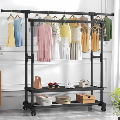 Heavy Duty Clothing Garment Rack Rolling Clothes Organizer Double Rails Hanging