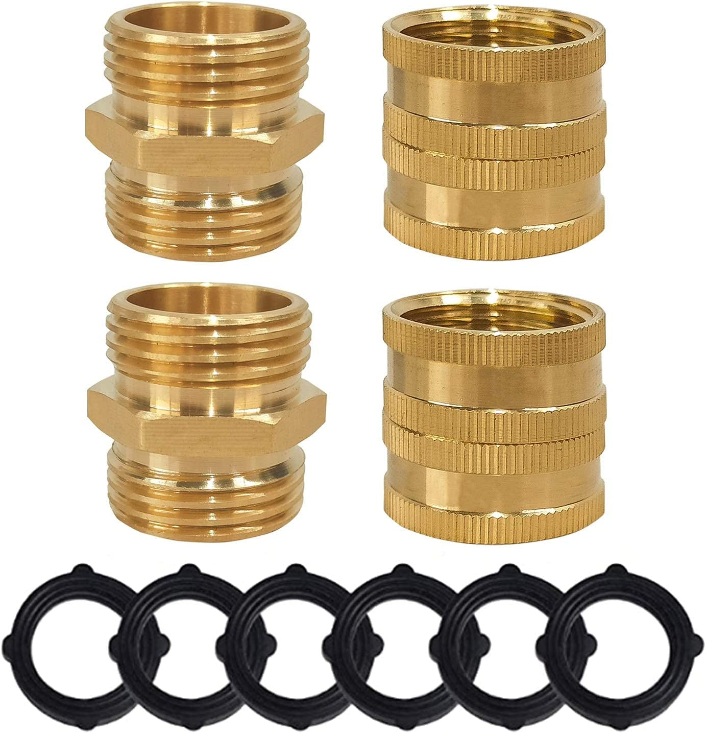 Heavy Duty Brass Garden Hose Adapters 4-Pack, Male to Male & Female to Female 3/4” Couplers, Durable, Leak-Free Connectors with Extra Washers