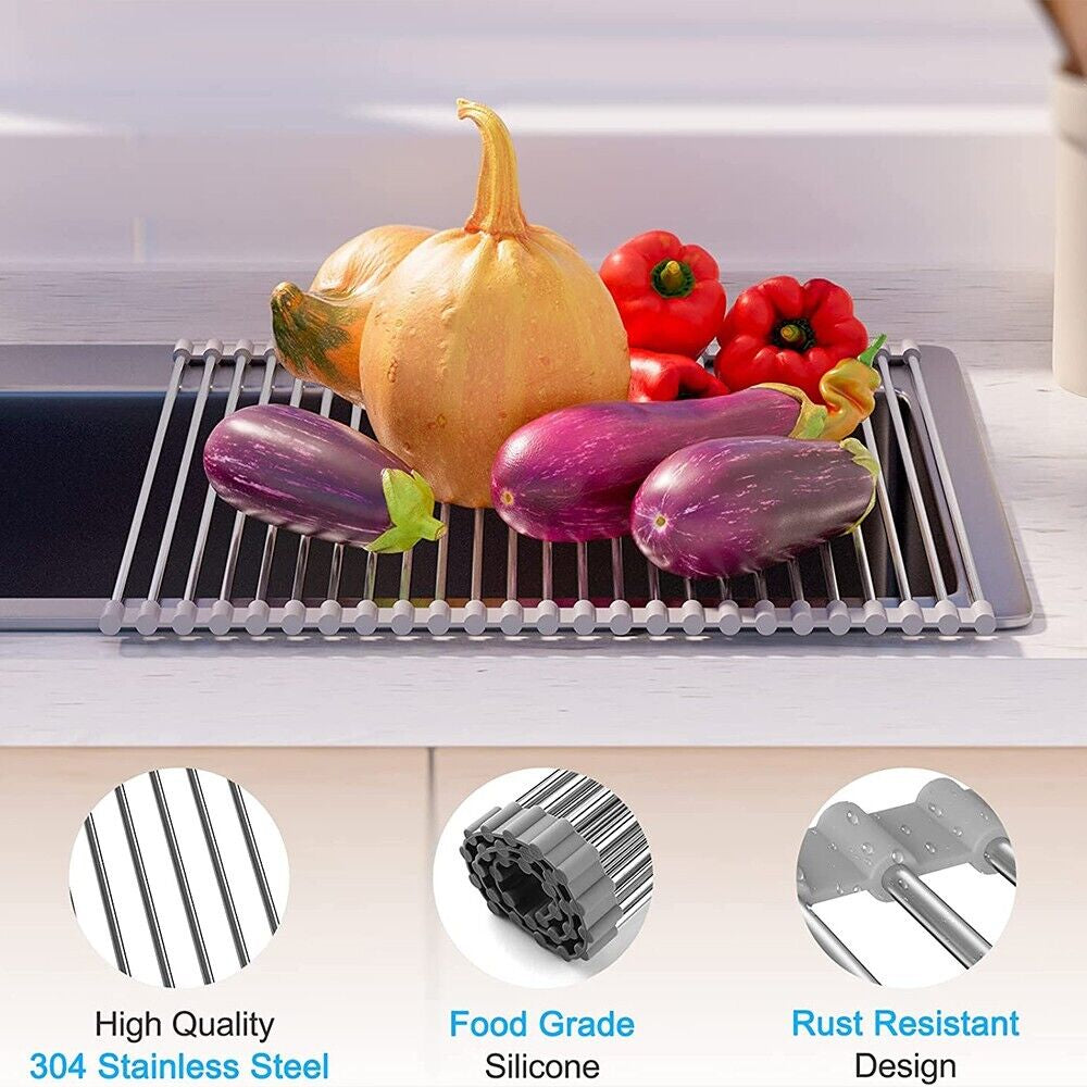 Large Kitchen Over Sink Drying Rack | Stainless Steel Roll-Up Dish Drainer & Cutting Board | Multi-Functional Space-Saving Food Prep Solution