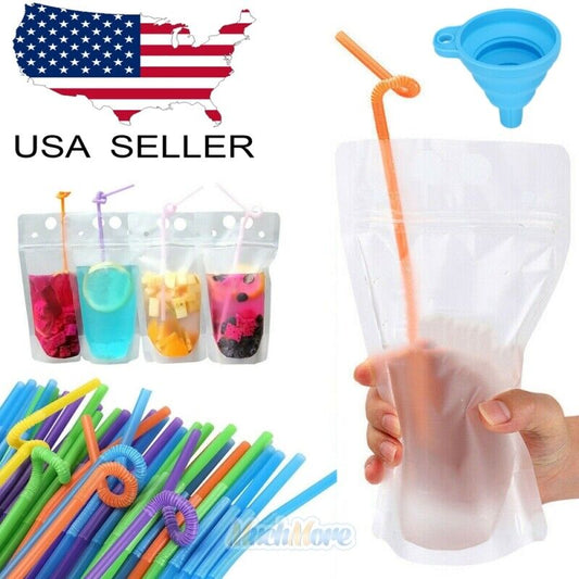 100PCS Drink Pouches Bags Stand-Up Zipper W/ Straws&Funnel for Cold & Hot Drinks