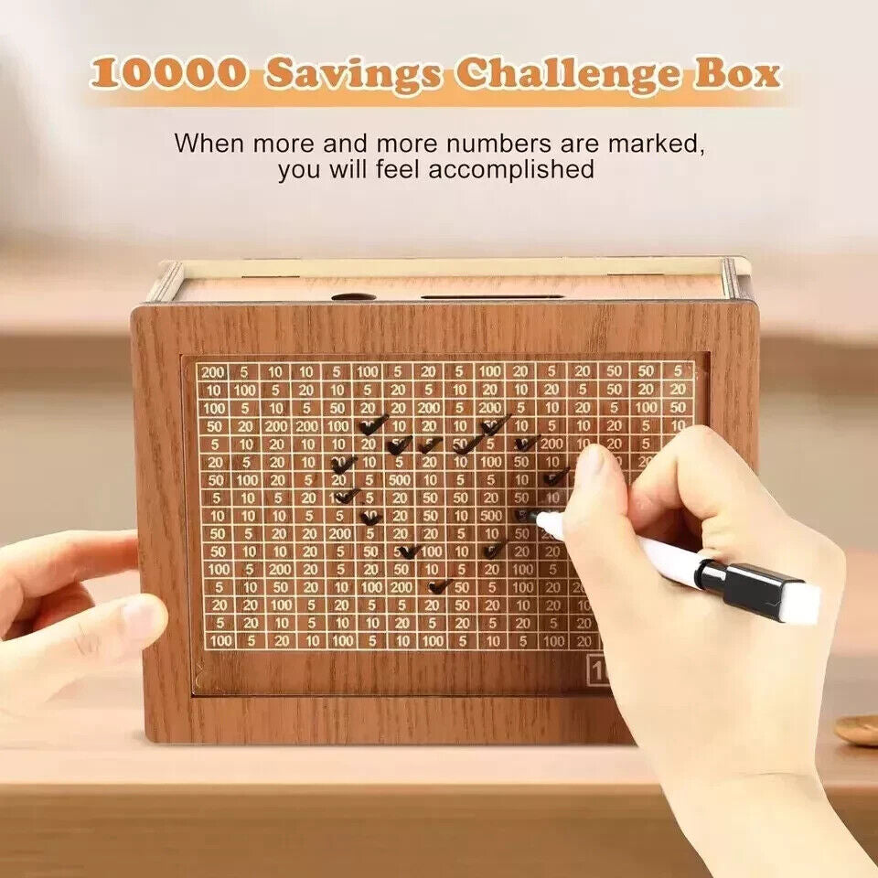 wooden money box, 10,000 Saving Challenge Money Box – Reusable Wooden Piggy Bank, Track Savings Like a Game, Easy to Use & Stylish Plastic Ornaments