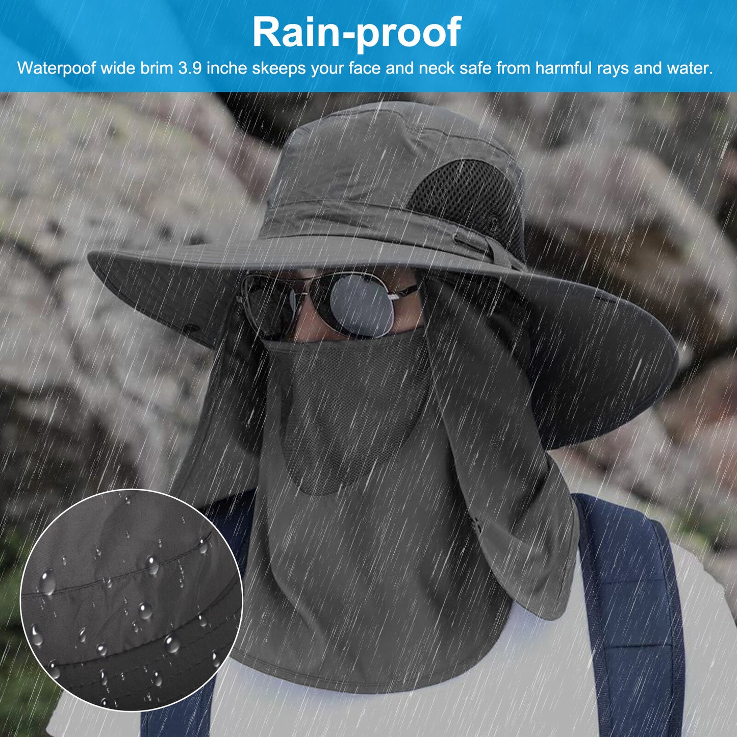 Wide Brim Sun Hat UV Protection Bucket Cap with Neck Flap for Hiking Camping Men