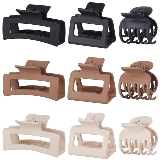 9 Pcs Medium Claw Hair Clips Set for Women, 3 Styles, Rectangle & Square, Brown