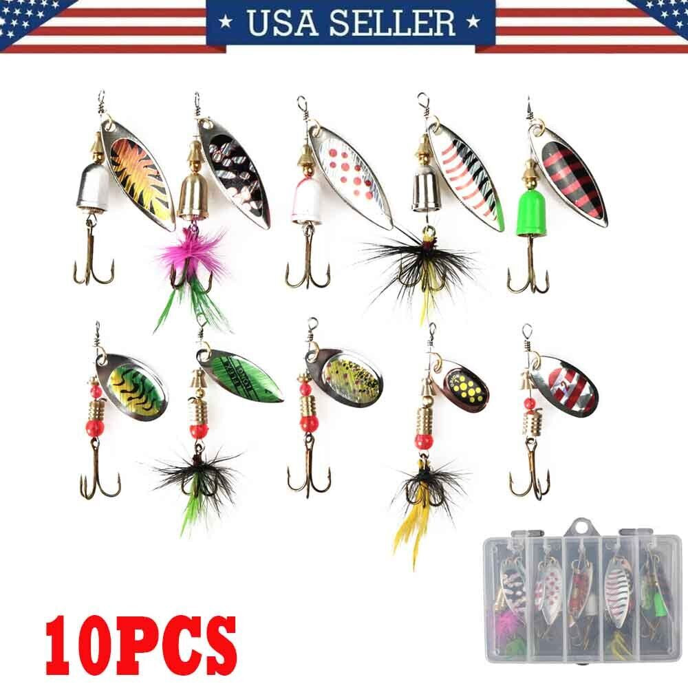 10Pcs Fishing Lures Spinnerbaits Bass Trout Salmon Hard Metal Spinner Baits Box