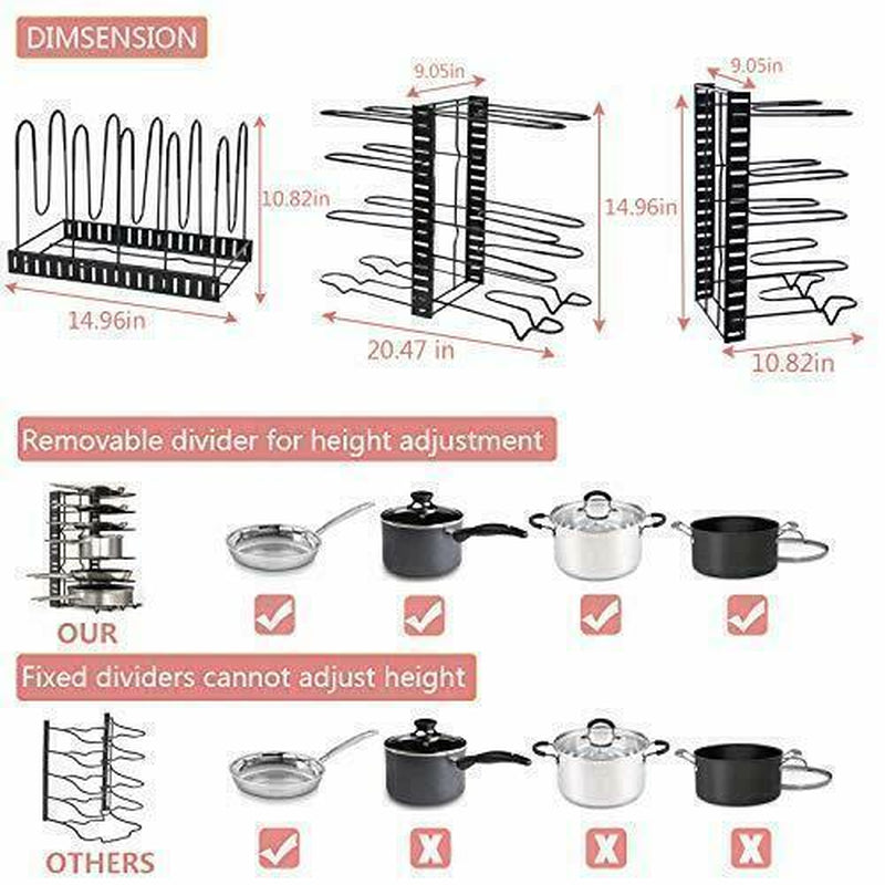 Adjustable 8 Tier Pots and Pans Organizer Rack Pots Holder for Kitchen Cabinet