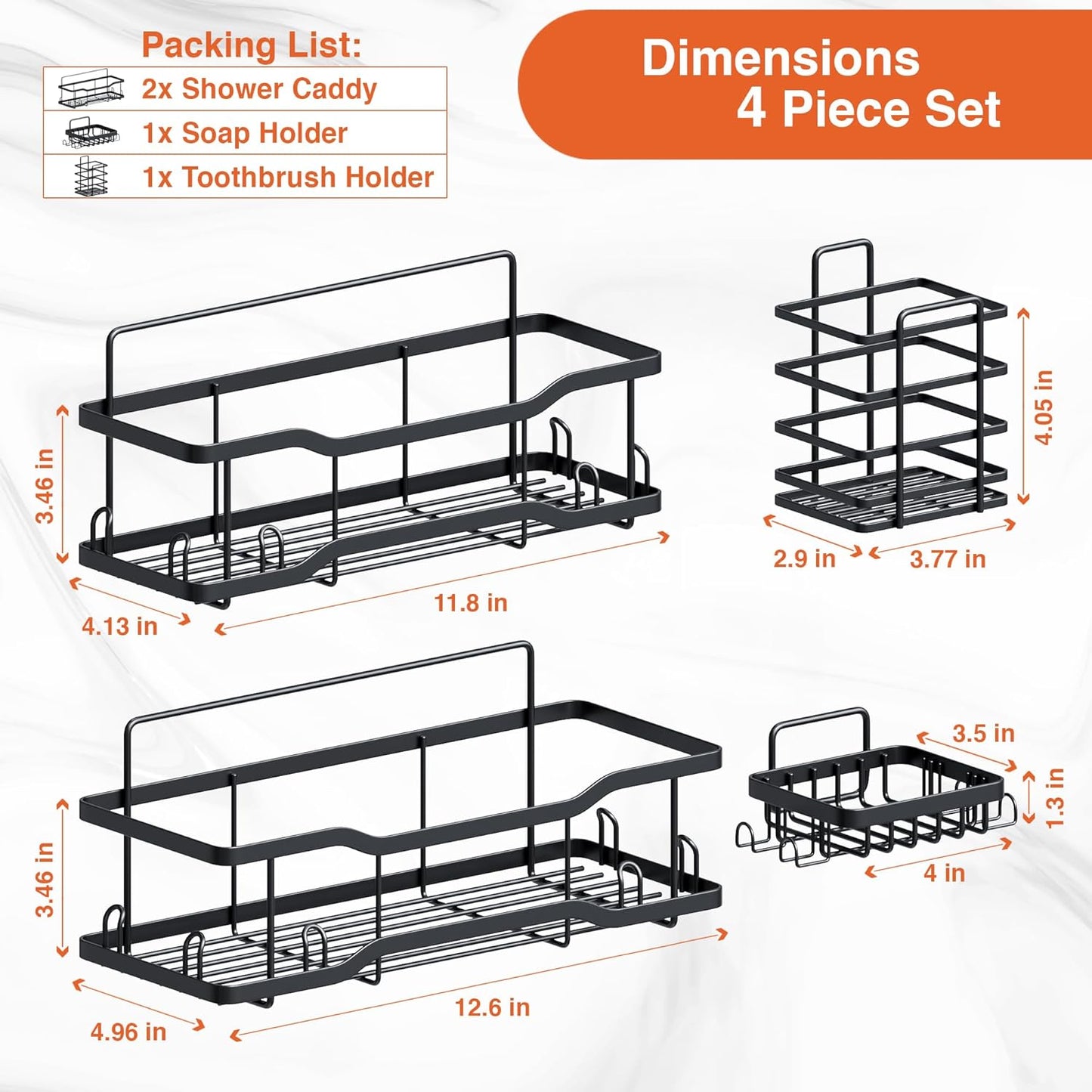 Shower Caddy Bathroom Shelves, the Athena Silken Black 4 Set, 40LB Capacity, Adh