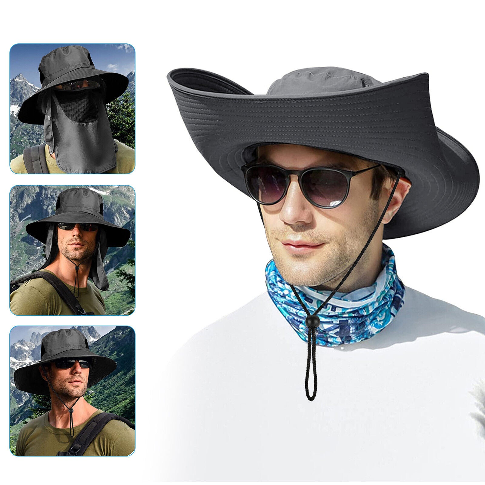 Wide Brim Sun Hat UV Protection Bucket Cap with Neck Flap for Hiking Camping Men
