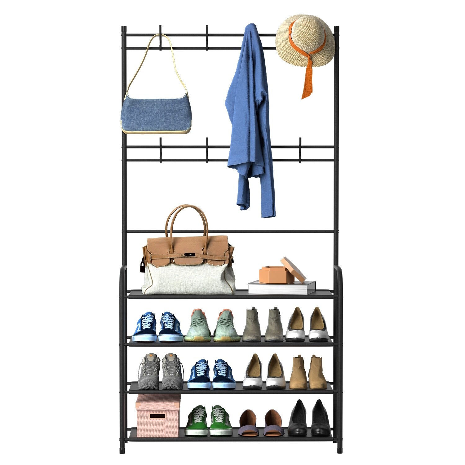 Coat and Shoe Rack for Entryway Organizer Metal Coat Hat Rack W/ 4 Tier Shelves