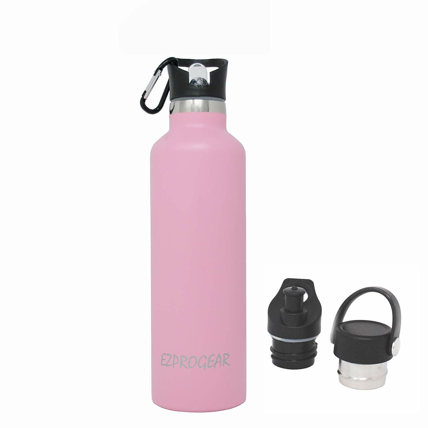 Stainless Steel Vacuum Insulated Double Wall Water Bottle W/3 Lid, Straws, Clip