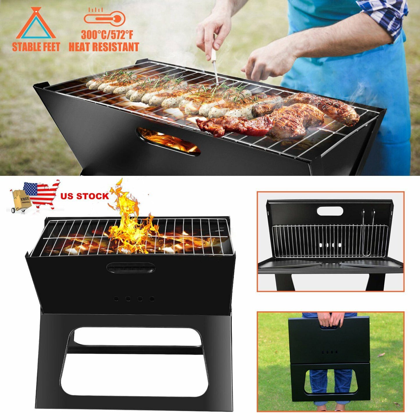 Portable Foldable BBQ Grill - Compact Charcoal Stove for Camping, Shish Kabob & Outdoor Cooking, Easy Setup, Durable, Lightweight, Large Cooking Area