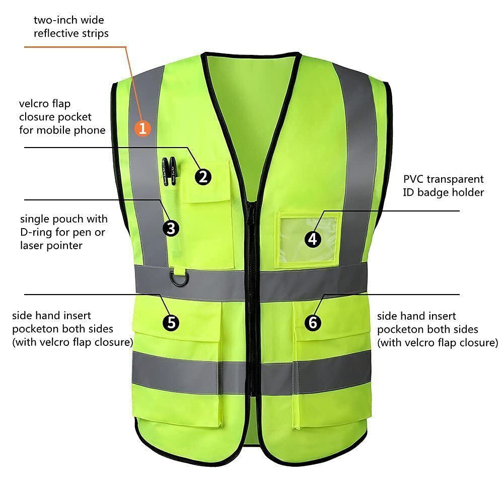 High Visibility Safety Vest with Reflective Stripes, 5 Pockets, Security Workwear – Stay Safe & Seen, Perfect for Construction, Cycling, Night Running