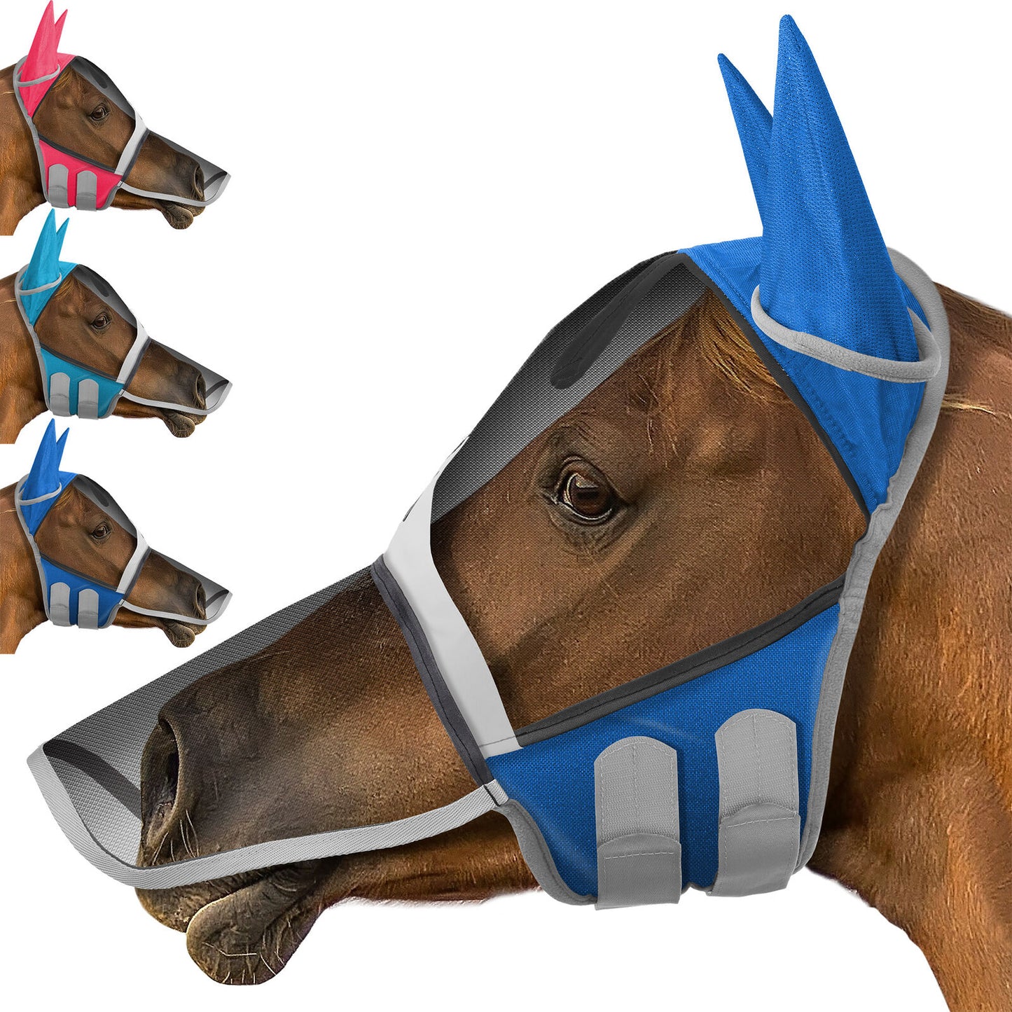 Horse Equine Fly Mask with Long Nose, Ear Protection, Fine Mesh