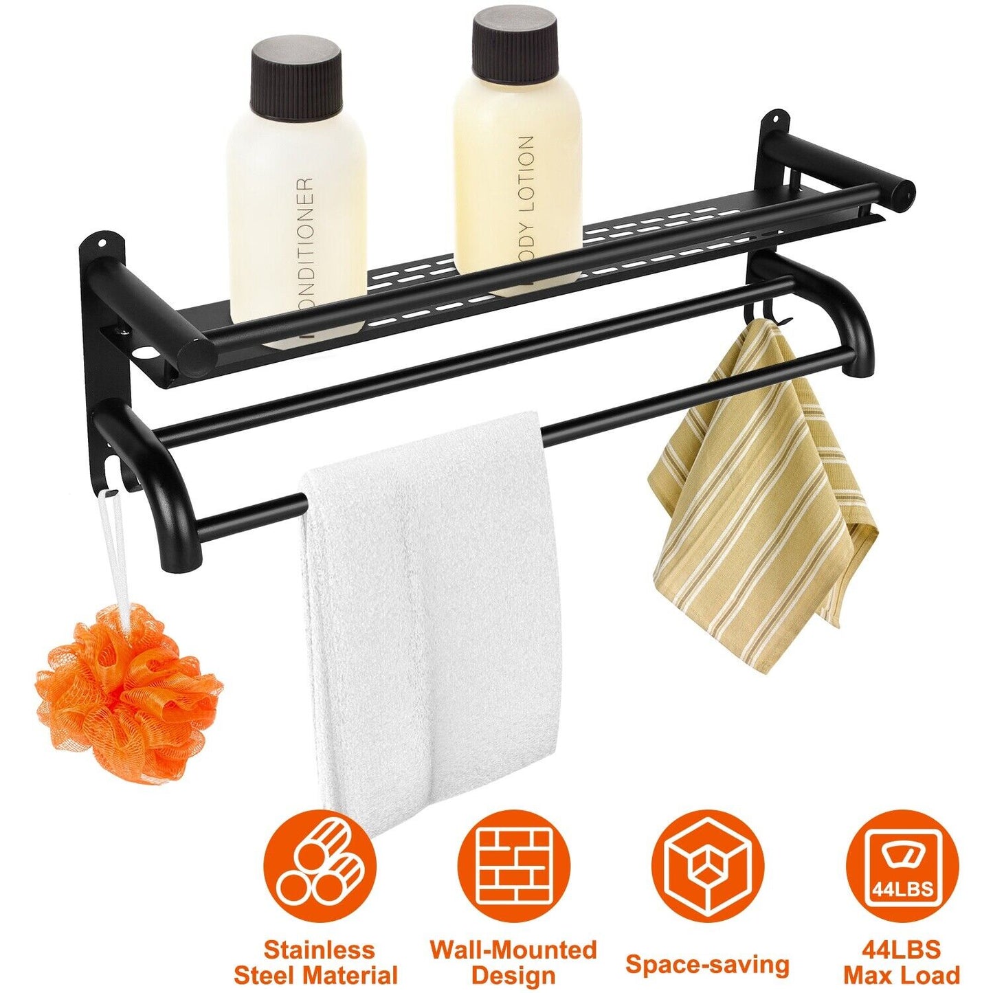 23.6'' 2-Tier Wall-Mounted Towel Rack - Matte Black Bathroom Organizer with Storage Shelf, Dual Bars, Hooks, Corrosion-Resistant & Easy Install