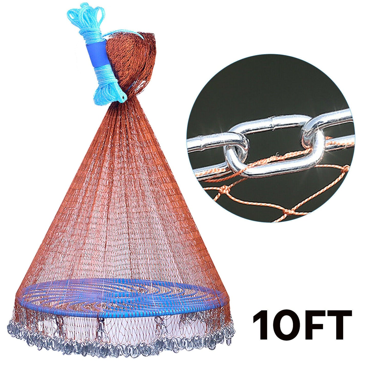 Easy Throw Fishing Cast Net, Durable Nylon Mesh with Aluminum Ring & Zinc Sinkers, Long Rope for Bait & Fish Catching Success!