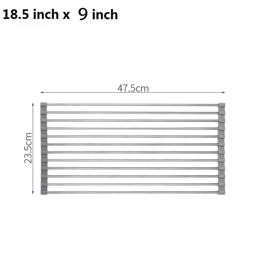 Large Kitchen Over Sink Drying Rack | Stainless Steel Roll-Up Dish Drainer & Cutting Board | Multi-Functional Space-Saving Food Prep Solution