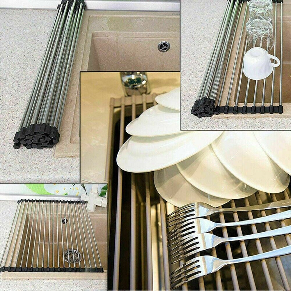 Large Kitchen Over Sink Drying Rack | Stainless Steel Roll-Up Dish Drainer & Cutting Board | Multi-Functional Space-Saving Food Prep Solution