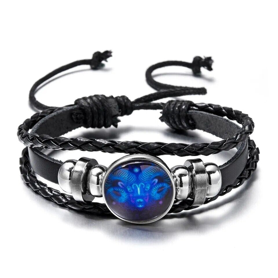 Leather Bracelet Bangle for Men Woman with Signs of the Zodiac Astrology Luminou