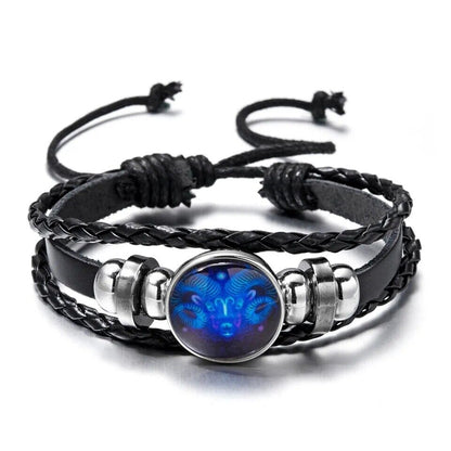 Leather Bracelet Bangle for Men Woman with Signs of the Zodiac Astrology Luminou