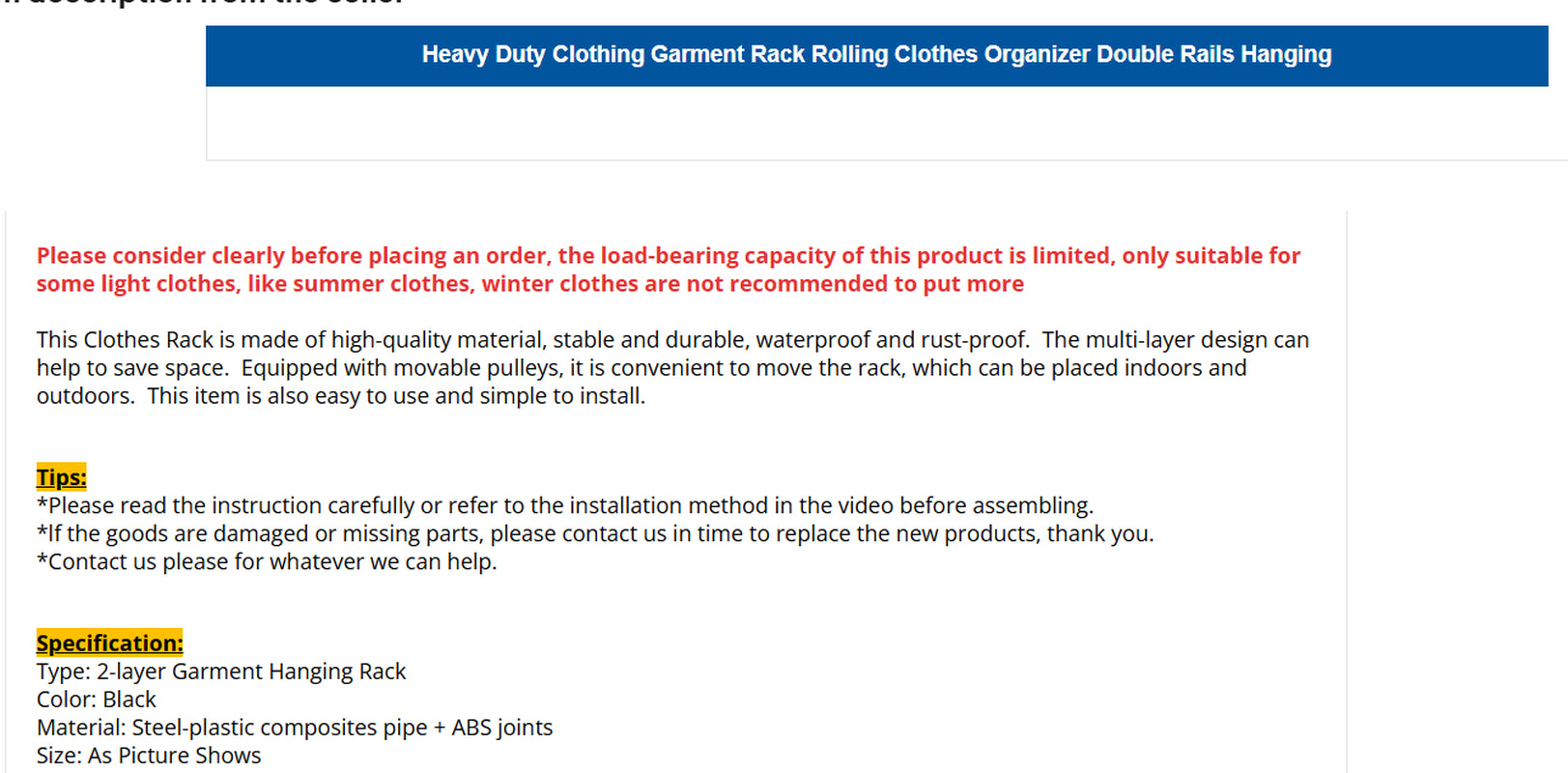 Heavy Duty Clothing Garment Rack Rolling Clothes Organizer Double Rails Hanging