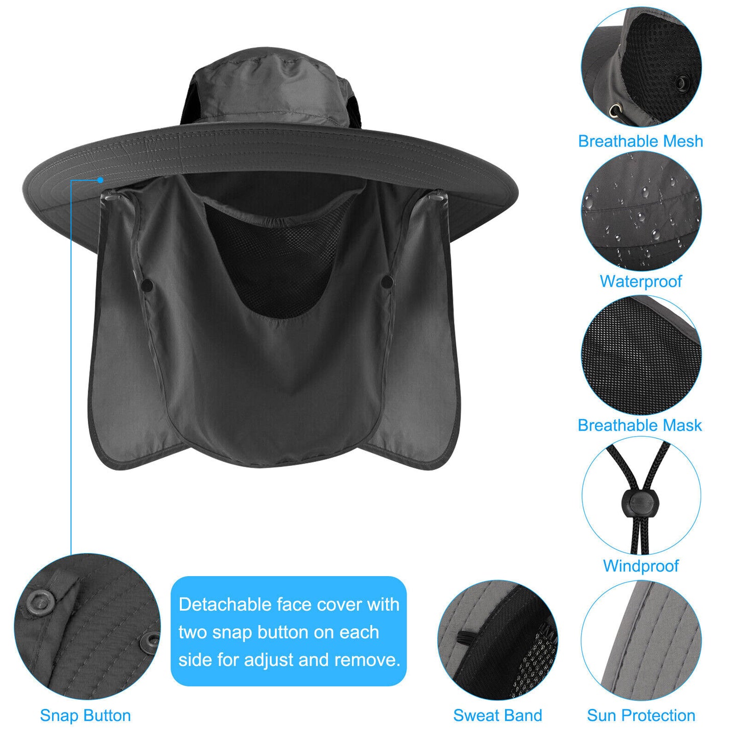 Wide Brim Sun Hat UV Protection Bucket Cap with Neck Flap for Hiking Camping Men