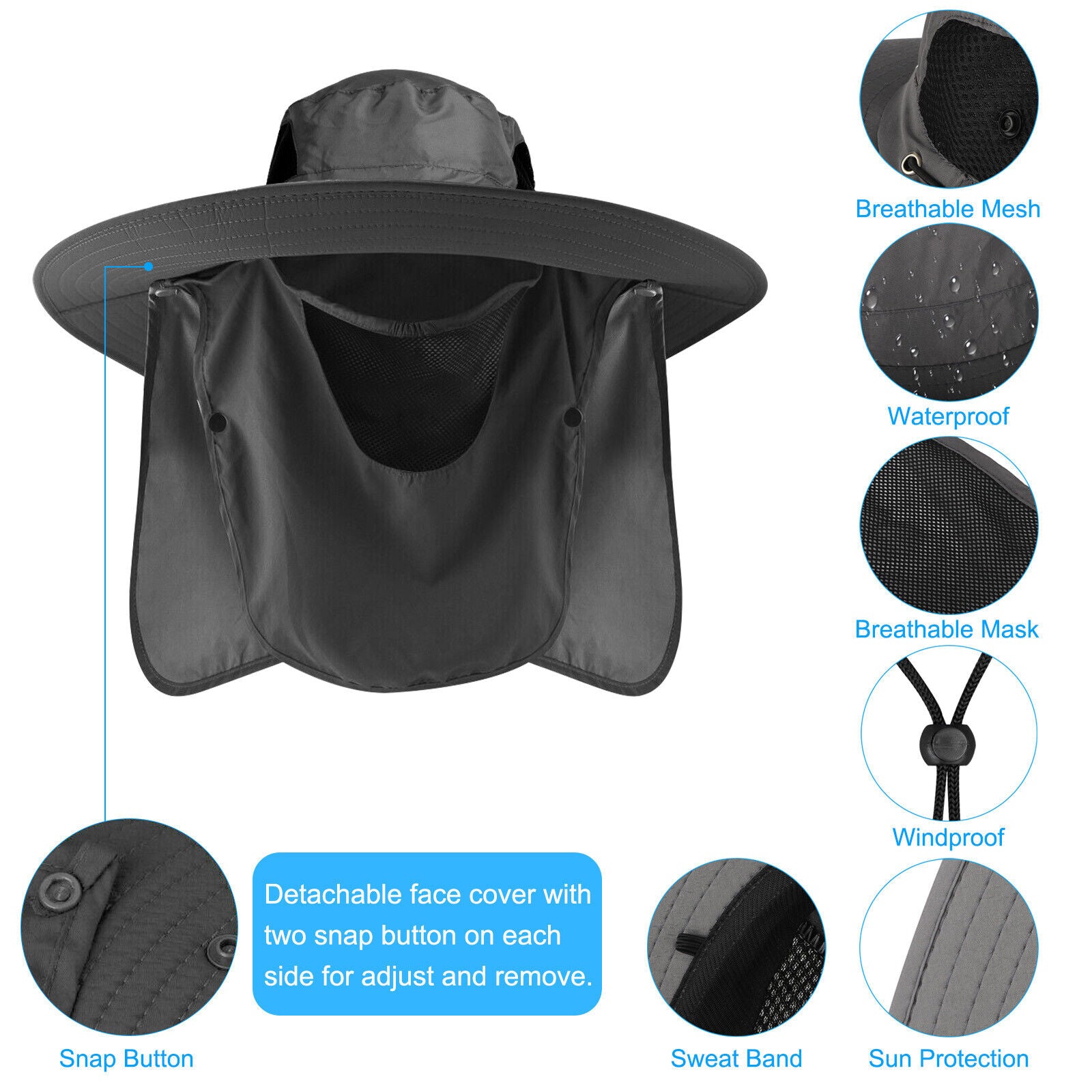 Wide Brim Sun Hat UV Protection Bucket Cap with Neck Flap for Hiking Camping Men