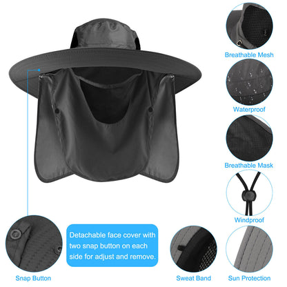 Wide Brim Sun Hat UV Protection Bucket Cap with Neck Flap for Hiking Camping Men