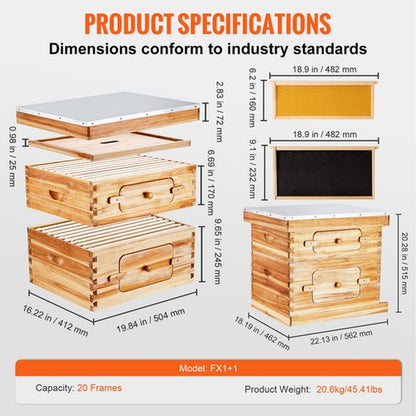 Langstroth Bee Hive Starter Kit, Beekeeping Hive with Transparent Bee Windows & Beeswax Coated Cedar Wood – 20 Frame Durable Outdoor Bee Box 